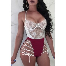 Dark-red Lace Up Zipper Eyelet Sexy Shorts