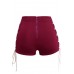 Dark-red Lace Up Zipper Eyelet Sexy Shorts