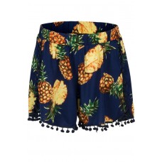 Dark-blue Pineapple Print Pom Pom Casual Elastic Shorts