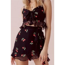 Cherry Print Ruffles Hem Tied Casual Shorts