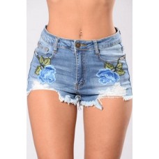 Light-blue Floral Embroidery Raw Hem Pocket Sexy Denim Shorts