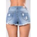 Light-blue Floral Embroidery Raw Hem Pocket Sexy Denim Shorts