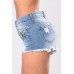 Light-blue Floral Embroidery Raw Hem Pocket Sexy Denim Shorts