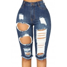 Dark-blue Ripped Raw Hem Casual Denim Shorts