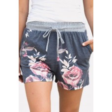 Gray Floral Drawstring Pocket Casual Shorts