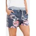 Gray Floral Drawstring Pocket Casual Shorts