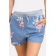 Light-blue Floral Drawstring Pocket Casual Shorts