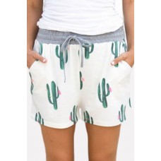 Cactus Print Drawstring Pocket Casual Shorts