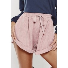 Pink Drawstring Pocket Corduroy Casual Shorts