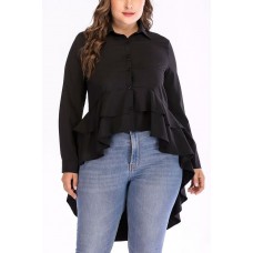 Button Ruffles Long Sleeve Casual Plus Size High Low Blouse