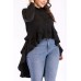 Button Ruffles Long Sleeve Casual Plus Size High Low Blouse