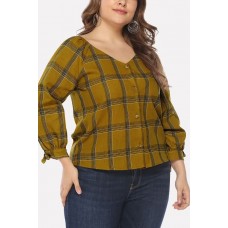 Khaki Plaid Print V Neck Button Tied Cuff Casual Plus Size Blouse