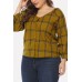 Khaki Plaid Print V Neck Button Tied Cuff Casual Plus Size Blouse