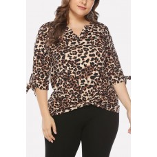 Leopard V Neck Twisted Tied Cuff Casual Plus Size T Shirt