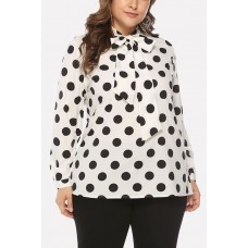 Polka Dot Print Tied Neck Long Sleeve Casual Plus Size Blouse