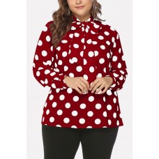 Red Polka Dot Print Tied Neck Long Sleeve Casual Plus Size Blouse