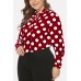 Red Polka Dot Print Tied Neck Long Sleeve Casual Plus Size Blouse