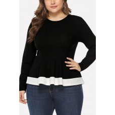 Ribbed Two Tone Peplum Casual Plus Size Blouse