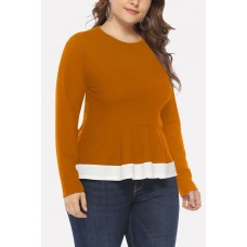 Orange Ribbed Two Tone Peplum Casual Plus Size Blouse