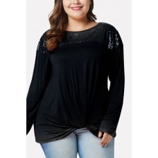 Sequin Splicing Twisted Long Sleeve Casual Plus Size T Shirt