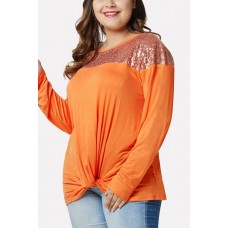 Orange Sequin Splicing Twisted Long Sleeve Casual Plus Size T Shirt