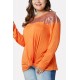 Orange Sequin Splicing Twisted Long Sleeve Casual Plus Size T Shirt