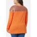 Orange Sequin Splicing Twisted Long Sleeve Casual Plus Size T Shirt