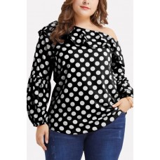 Polka Dot One Shoulder Ruffles Casual Plus Size Blouse