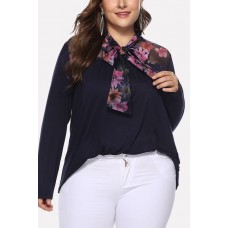 Dark-blue Floral Mesh Splicing Tied Neck Casual Plus Size T Shirt