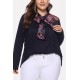Dark-blue Floral Mesh Splicing Tied Neck Casual Plus Size T Shirt