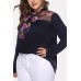 Dark-blue Floral Mesh Splicing Tied Neck Casual Plus Size T Shirt