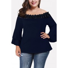 Dark-blue Lace Trim Flare Sleeve Off Shoulder Sexy Plus Size Blouse