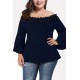 Dark-blue Lace Trim Flare Sleeve Off Shoulder Sexy Plus Size Blouse