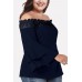 Dark-blue Lace Trim Flare Sleeve Off Shoulder Sexy Plus Size Blouse