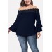 Dark-blue Lace Trim Flare Sleeve Off Shoulder Sexy Plus Size Blouse