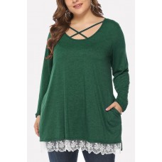 Crisscross Lace Trim Long Sleeve Casual Tee Top