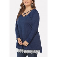 Dark-blue Crisscross Lace Trim Long Sleeve Casual Tee Top