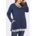 Dark-blue Crisscross Lace Trim Long Sleeve Casual Tee Top