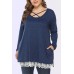 Dark-blue Crisscross Lace Trim Long Sleeve Casual Tee Top