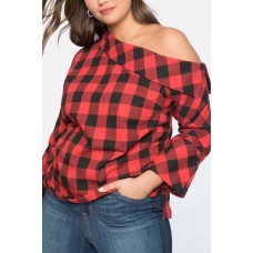 Red Plaid One Shoulder Long Sleeve Sexy Plus Size Blouse