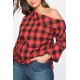 Red Plaid One Shoulder Long Sleeve Sexy Plus Size Blouse