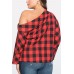 Red Plaid One Shoulder Long Sleeve Sexy Plus Size Blouse