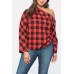 Red Plaid One Shoulder Long Sleeve Sexy Plus Size Blouse