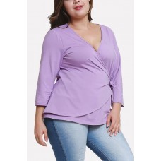 Purple V Neck Wrap Tied Casual Plus Size Blouse