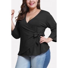 V Neck Wrap Tied Casual Plus Size Blouse