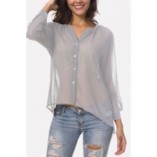 Gray Button Up V Neck Long Sleeve Casual Plus Size Chiffon Blouse