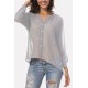 Gray Button Up V Neck Long Sleeve Casual Plus Size Chiffon Blouse