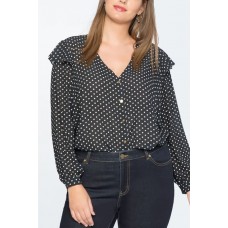 Polka Dot Button Ruffles Trim Casual Plus Size Blouse