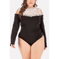 Lace Splicing Cold Shoulder Long Sleeve Sexy Plus Size Bodysuit