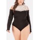 Lace Splicing Cold Shoulder Long Sleeve Sexy Plus Size Bodysuit